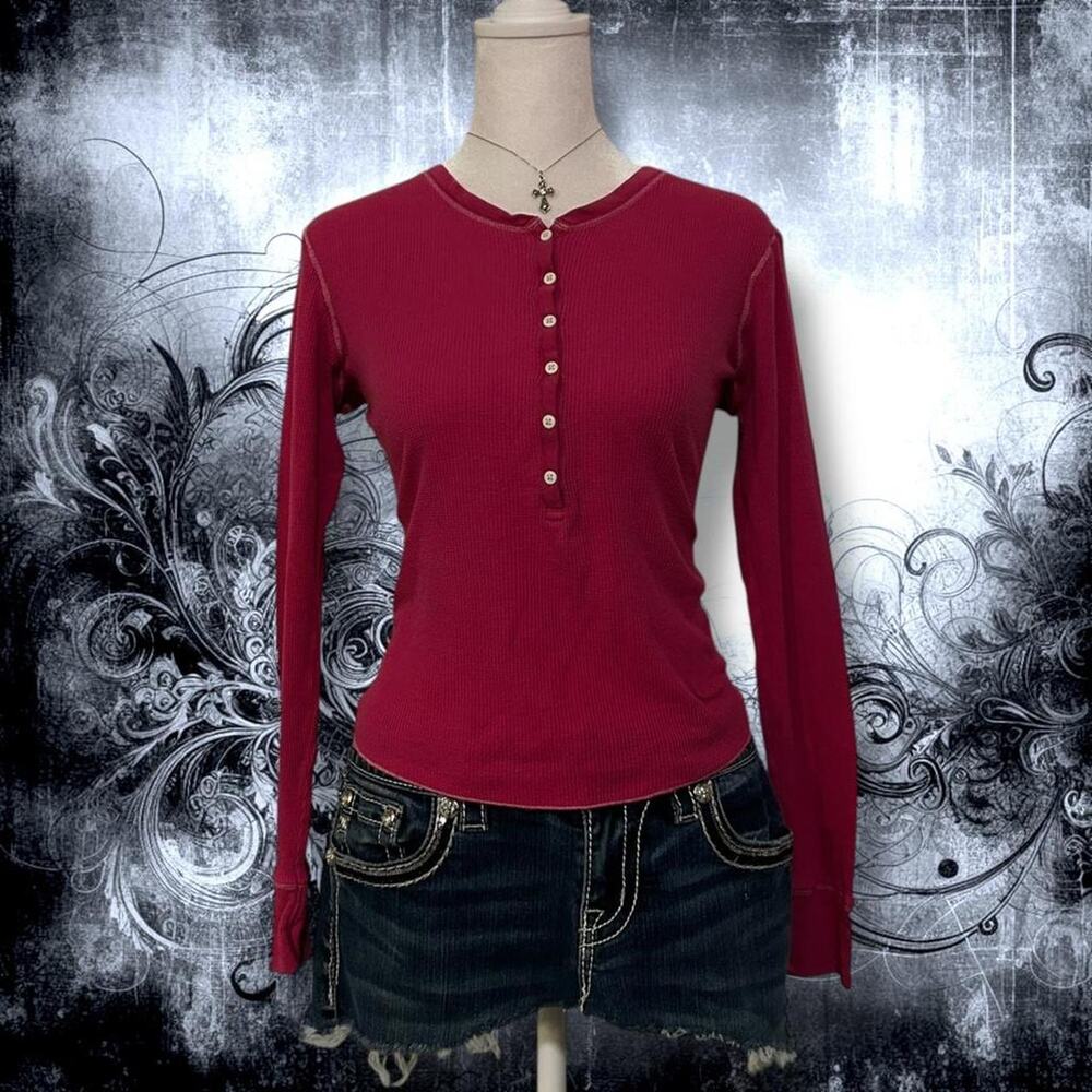 waffle knit daily wear coquette hot pink ribbed henley top